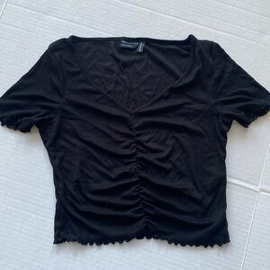 ASOS ruched crop v neck top black S 6 EU 38 lettuce frilled hem soft stretchy